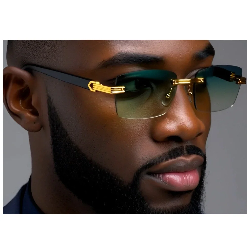 Rimless Sunglasses Men Rectangle Gold Frame Gradient Green‎ Lens Fashion Shades